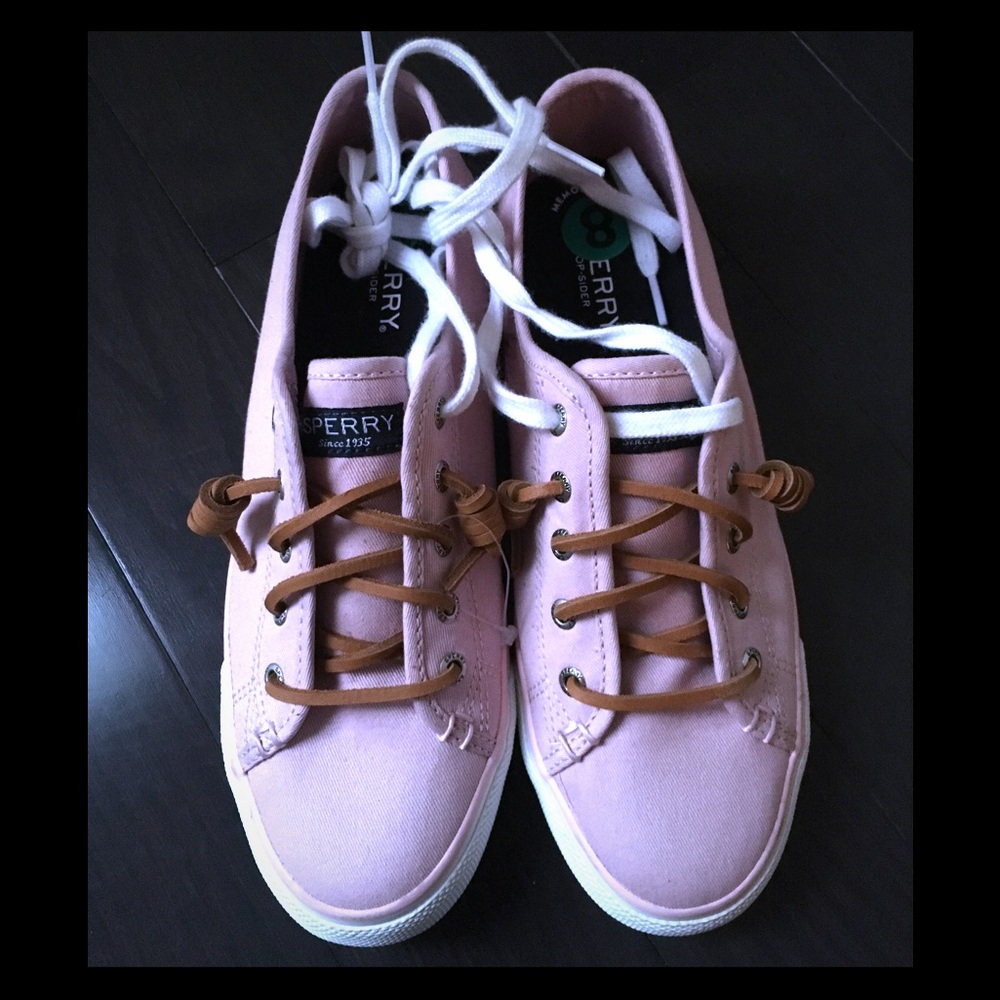 Sperry Pink Canvas Boat Shoes with Brown Laces